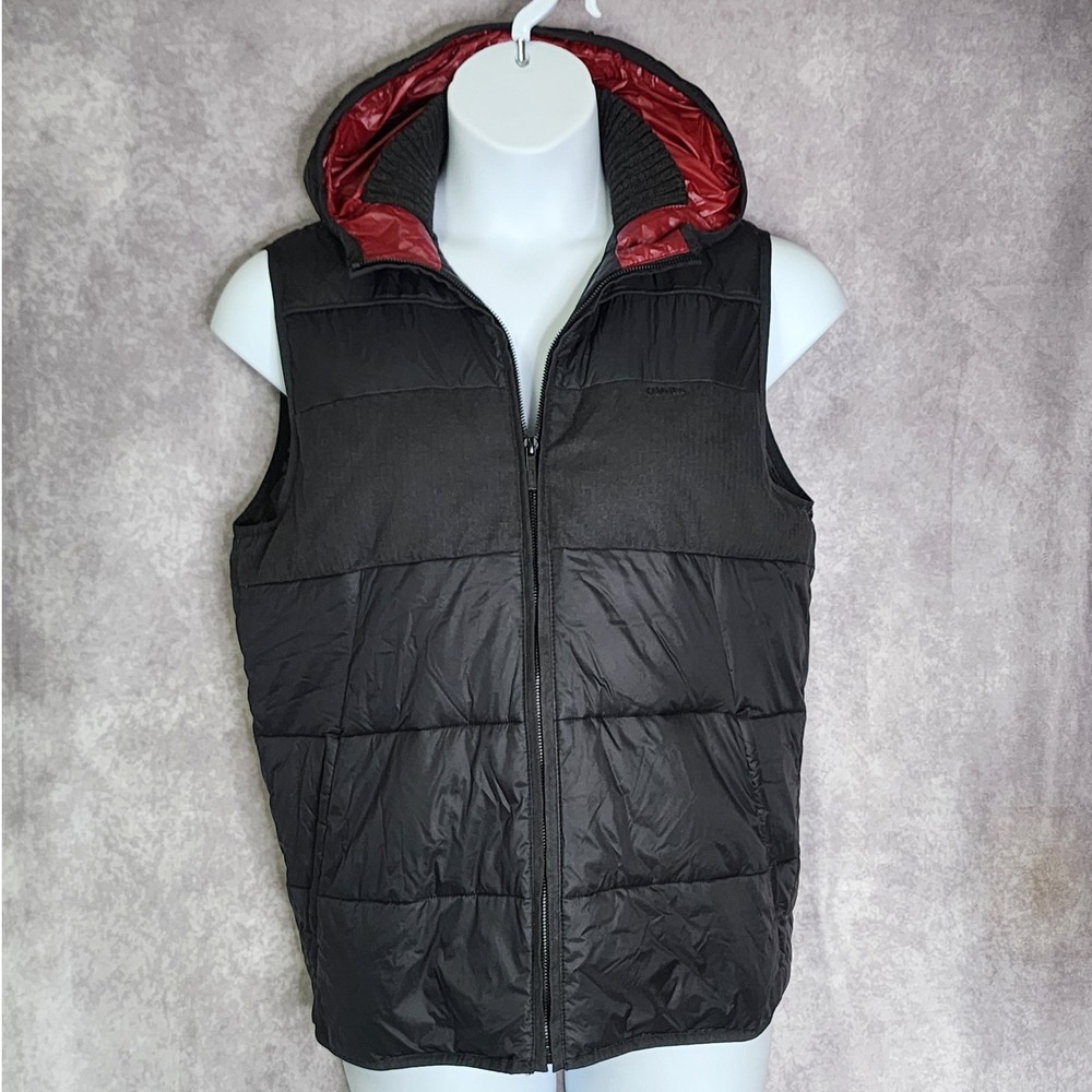 Calvin Klein Black Red Puffer Vest Mens Small‎ Hooded Zip Up Quilted Gorpcore